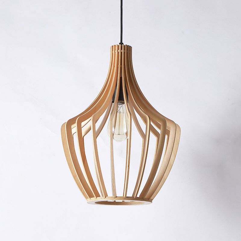 Cage Shaped Wooden Pendant Minimalism 1 Bulb Beige Suspension Lighting for Restaurant