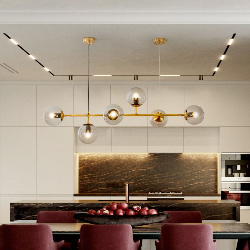 Salle à manger Island Light Nordic Style Gold Island Éclairage avec une teinte en verre sphérique