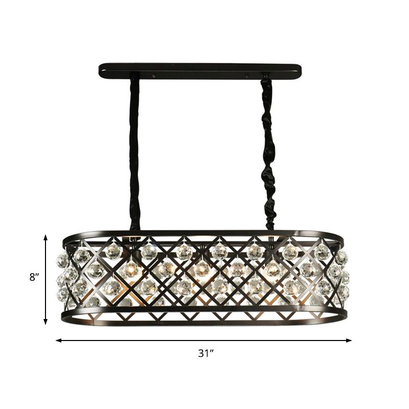 3 Lights Dining Room Chandelier Lamp with Oval Crystal and Metal Shade Vintage Black Ceiling Light