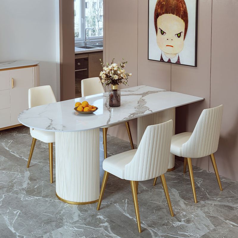 Minimalist Free Form Dining Table Set with 4 White Leather Dining Chairs