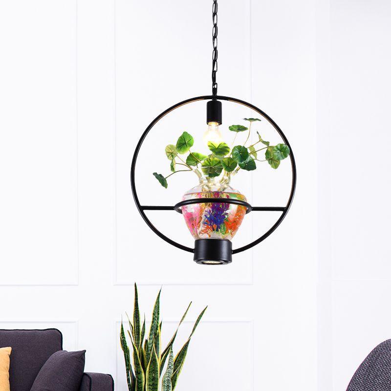 Black Round/Square Frame Hanging Lamp Factory Metallic 1 Head Dining Room Pendant Lighting Fixture with Urn Plant Pot