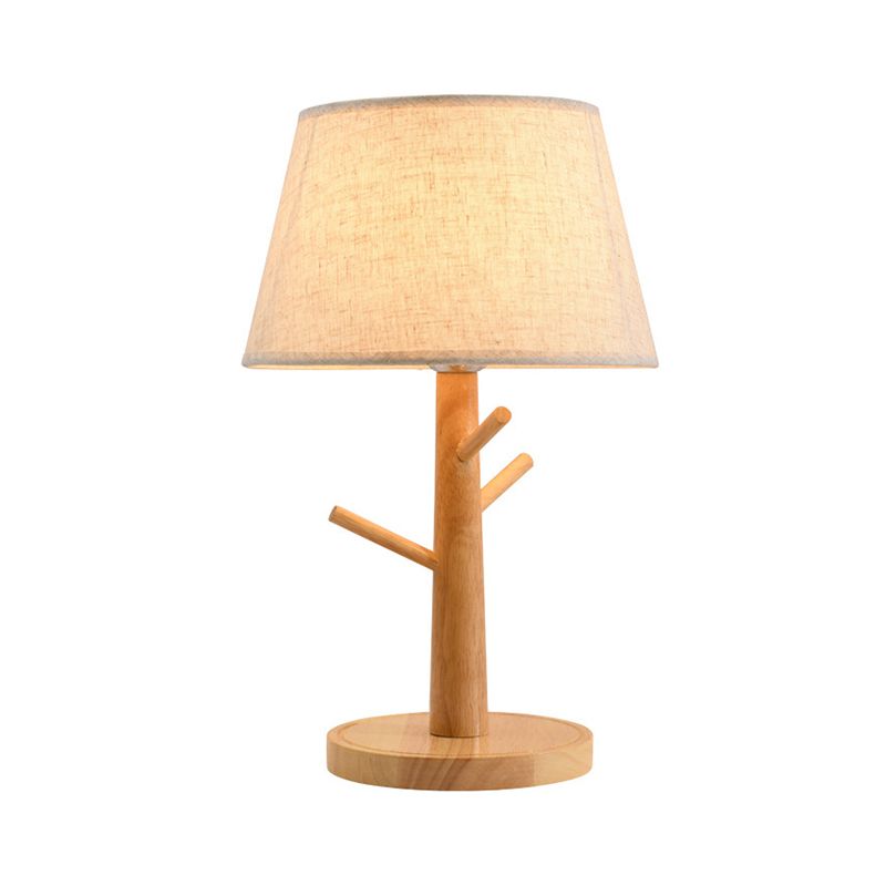 1 Head Tapered Drum Nightstand Lamp Contemporary Fabric Reading Book Light in Wood