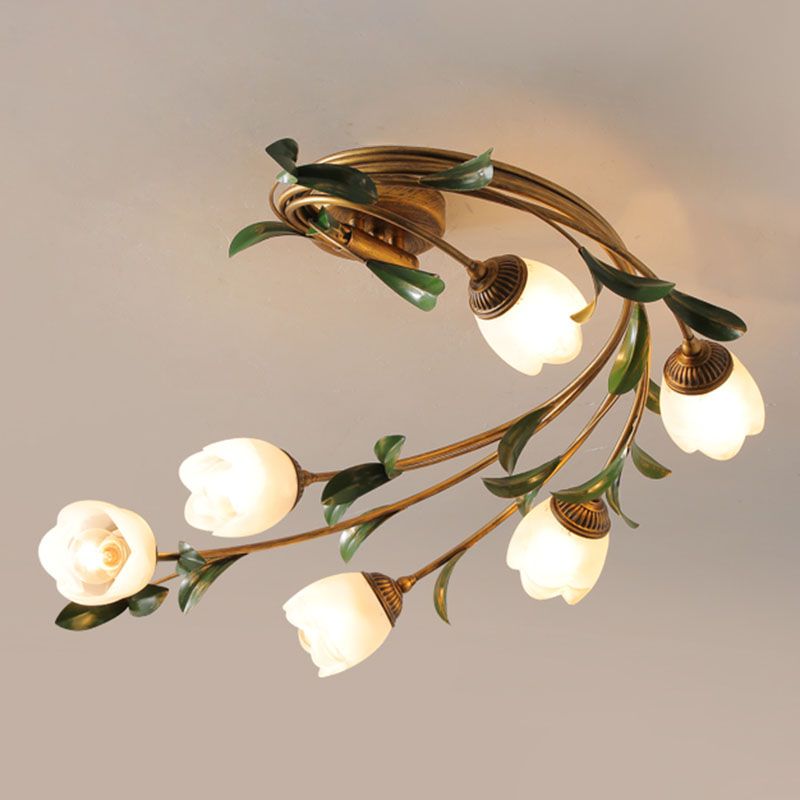 American Style Ceiling Light Flower Shape Ceiling Lamp with Glass Shade for Living Room