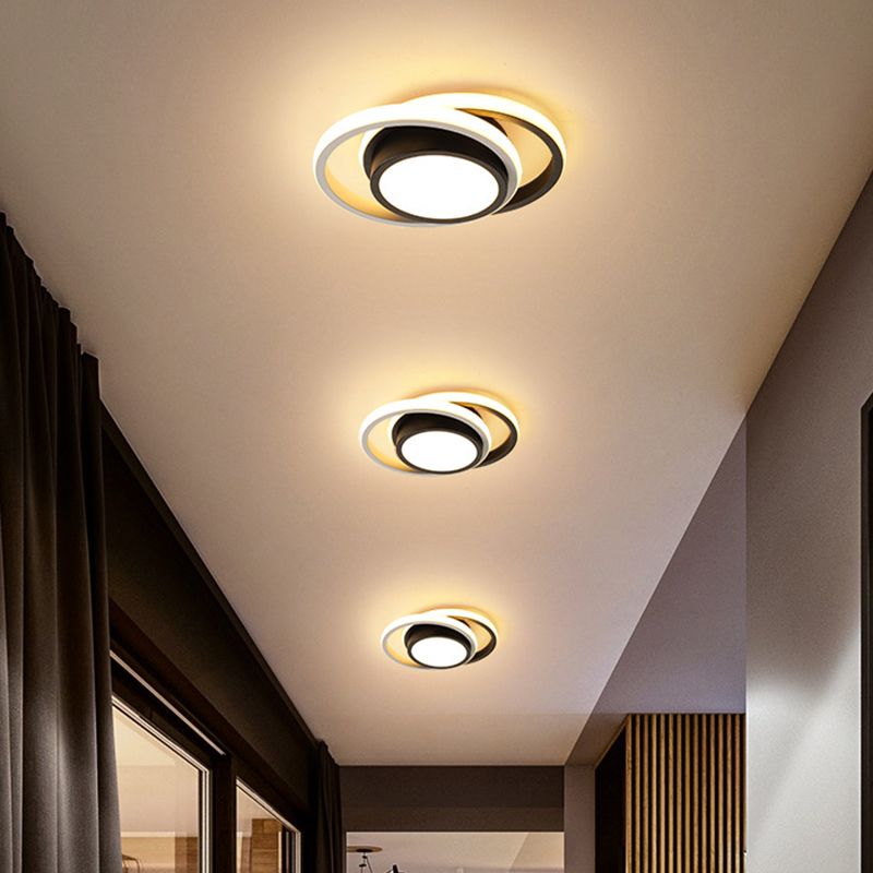 Afgeronde plafondverlichting appartement IJzer Minimalistische LED-inbouw in zwart-wit met dubbele cirkelbeschermer, warm/wit licht