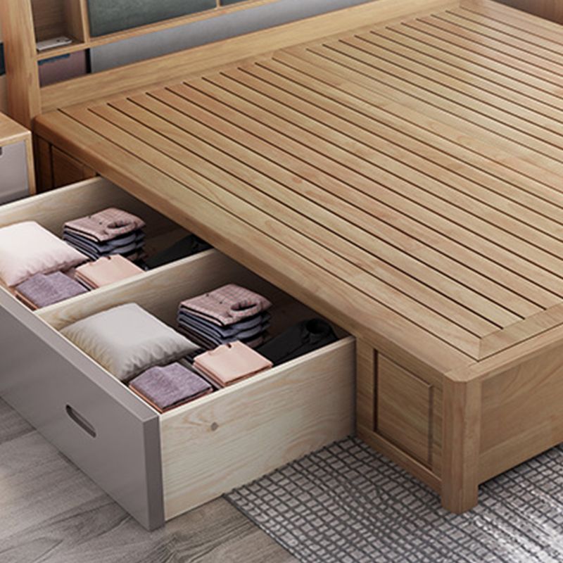 84.65 inch Wide Contemporary Bed Frame Rubberwood Bed with Storage