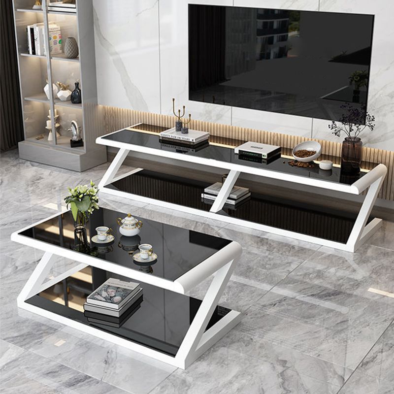 Metal Sled Coffee Table Contemporary Glass Top with Storage Shelf