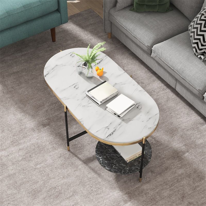 17.7" Tall Modern Metal Cross Leg Base Glass Oval Coffee Table with Shelf