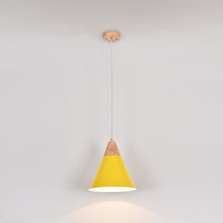 Modern Nordic Macaron Pendant Light Wooden Tapered Hanging Lamp with Wrought Iron Shade