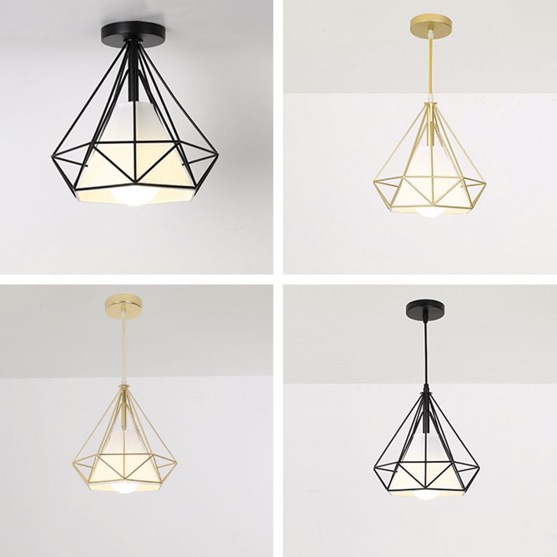 Diamond Cage Semi Flush Mount Light Fixture Industrial Iron Ceiling Mounted Fixture for Corridor