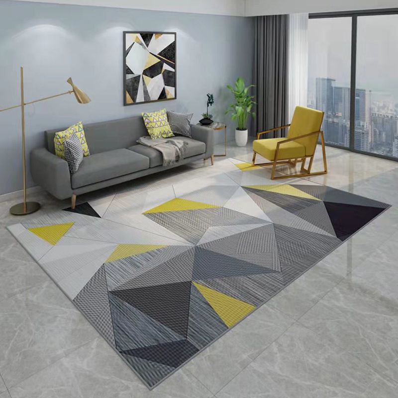 Grey Tone Geometric Splicing Rug Polyester Carpet Casual Non-Slip Backing Indoor Rug for Living Room