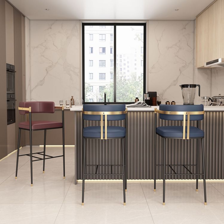 Leather Bar Stool Glam Backrest Counter Stool for Living Room with Black Legs