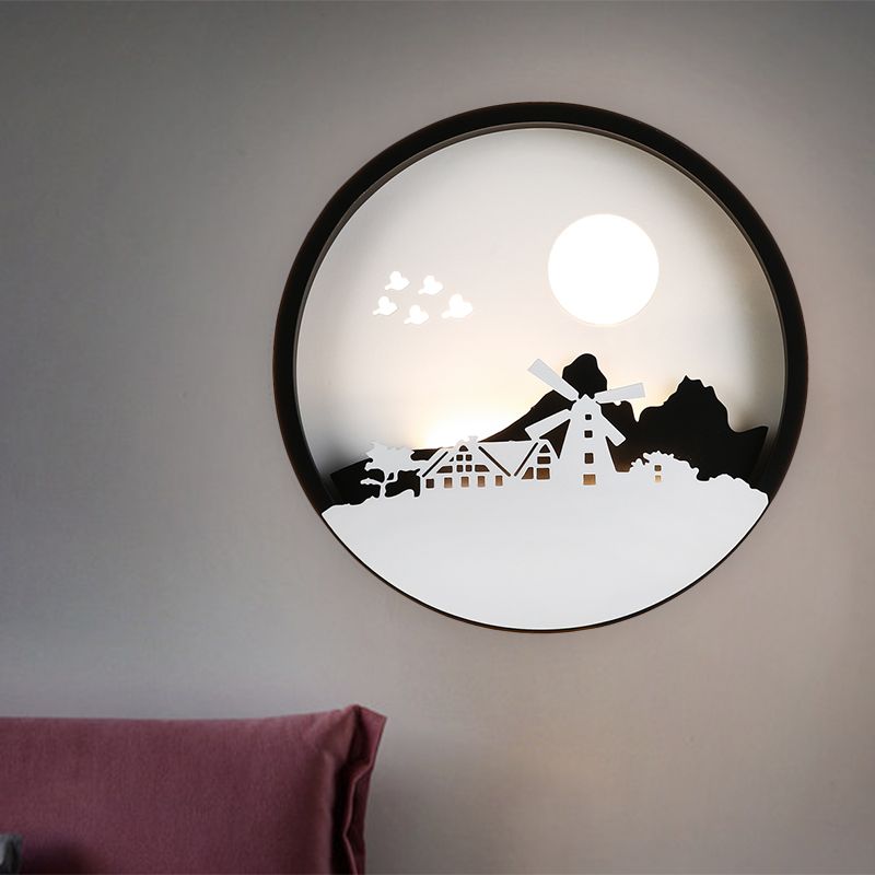 Black Round House Mall Moundage Lampe Contemporary Style LED Metallic Mural Light For Guest Room