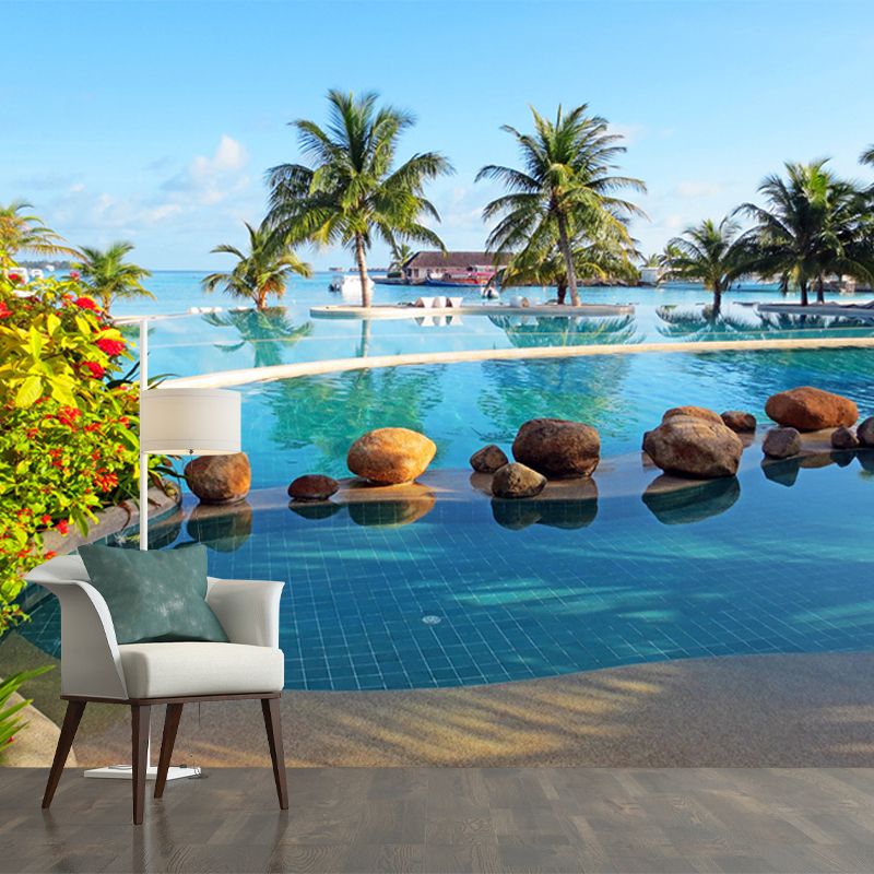 Tropical Swimming Pool Wall Murals Non-Woven Waterproof Blue and Green Wall Art for Living Room