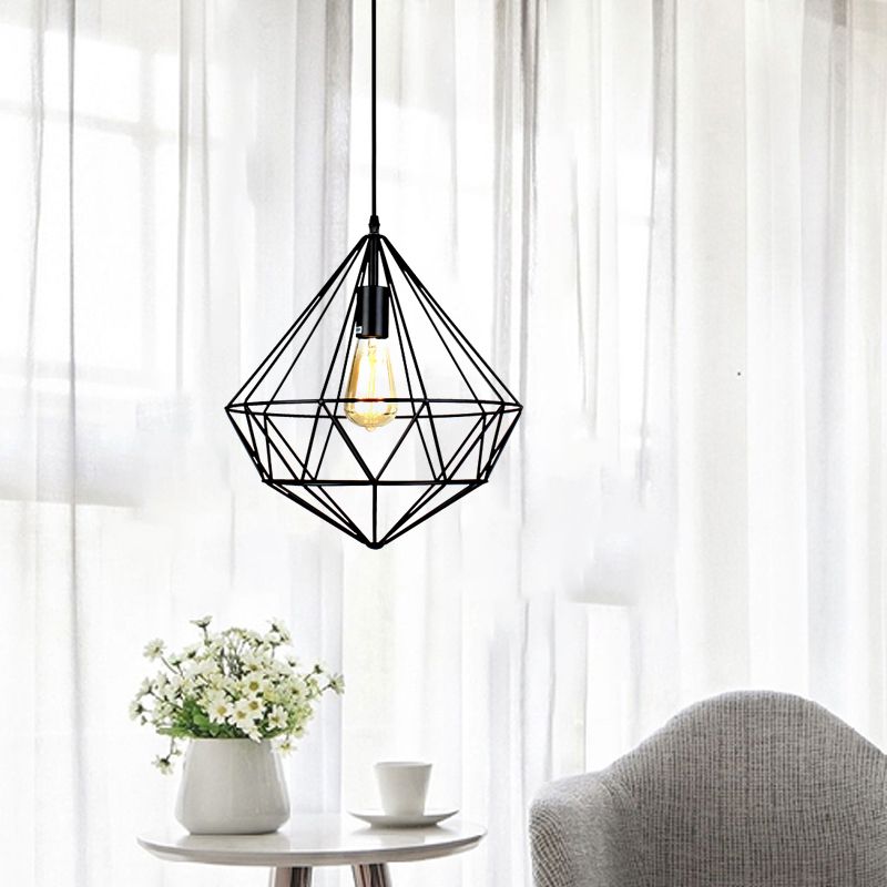 1 Bulb Ceiling Light Industrial Faceted Cage Metal Pendant Ceiling Light in Black for Living Room