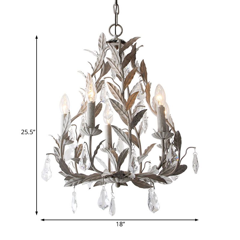 Branch Chandelier Lamp Nordic Metal 5 Heads Grey/White Pendant Lighting Fixture with Crystal Teardrop