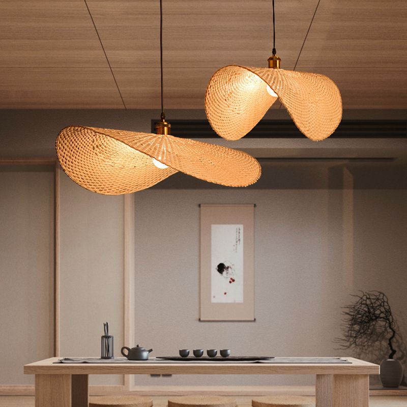 1-Light Beige Bamboo Suspended Lighting Fixture Chinese Pendant Light Kit