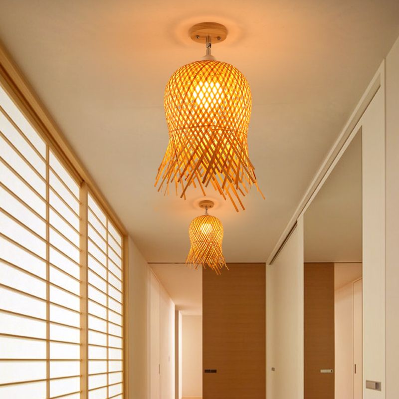Cage Style Aisle Semi Flush Light Bamboo Single-Bulb Asian Ceiling Mounted Light in Wood