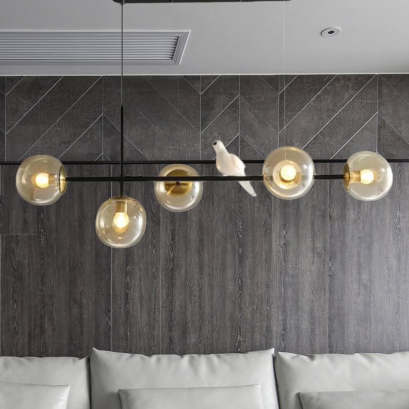 Industrial 5-Light Island Pendant with Amber/Milky White/Smoke Grey Glass Shade Brass Sphere Ceiling Light with Adjustable Cord
