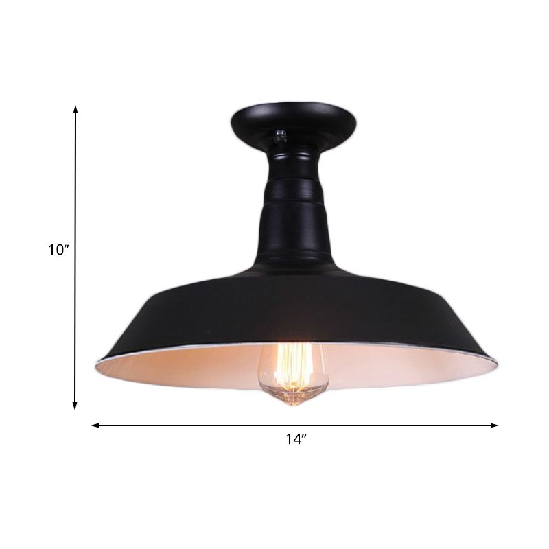10"/14" Dia 1 Bulb Semi-Flush Mount Light Industrial Barn Shade Metallic Close to Ceiling Light in Black