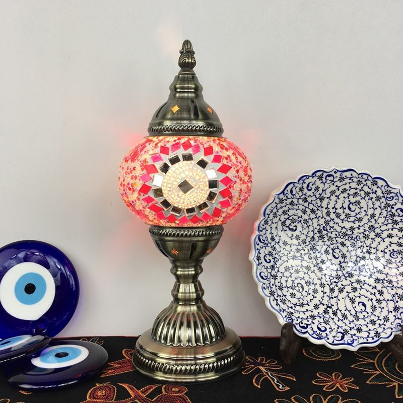 Single Night Stand Light Turkish Bedroom Table Lamp with Spherical Yellow/Red/Blue Glass Shade in Bronze
