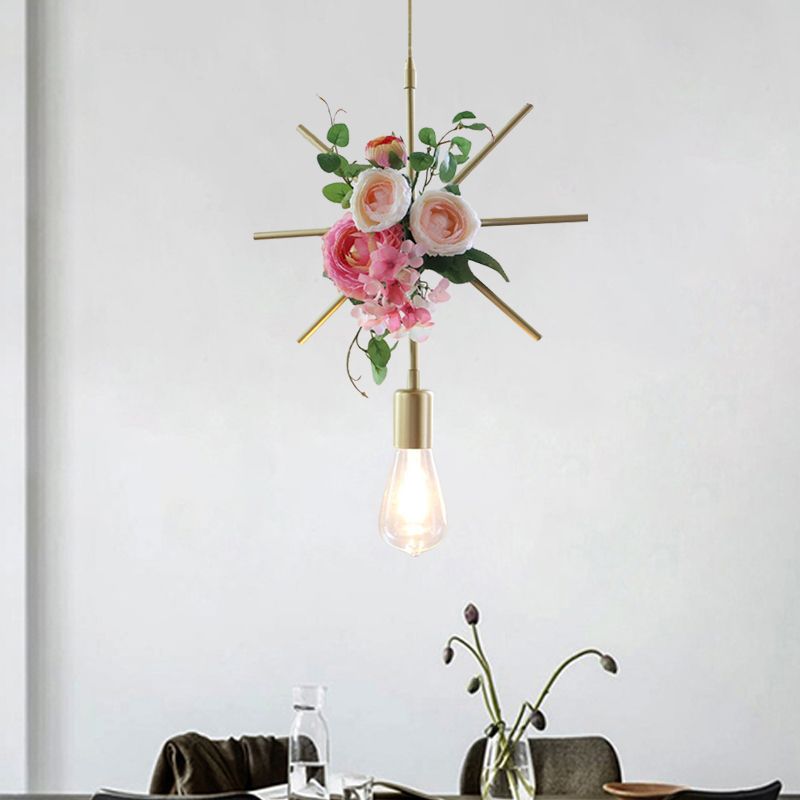 Metal Gold Ceiling Pendant Artificial Flower 1 Head Industrial Hanging Light Fixture with Triangle/Square/Linear Frame