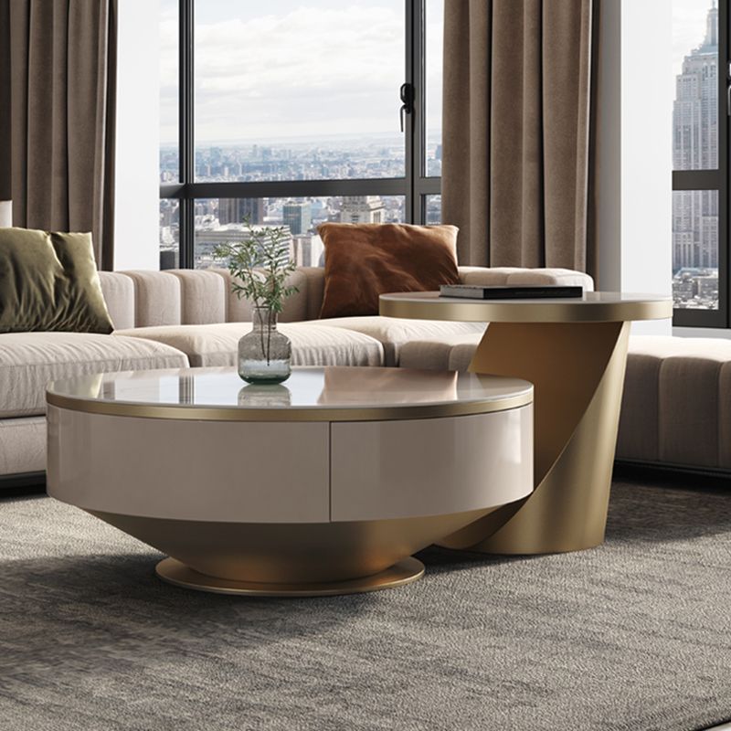 Modern Light Luxury Coffee Table Round Slate Coffee Table with Storage Drawer