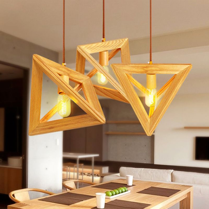 1-Head Dining Room Ceiling Hang Light Modern Beige Pendant Lamp with Triangular Wooden Frame