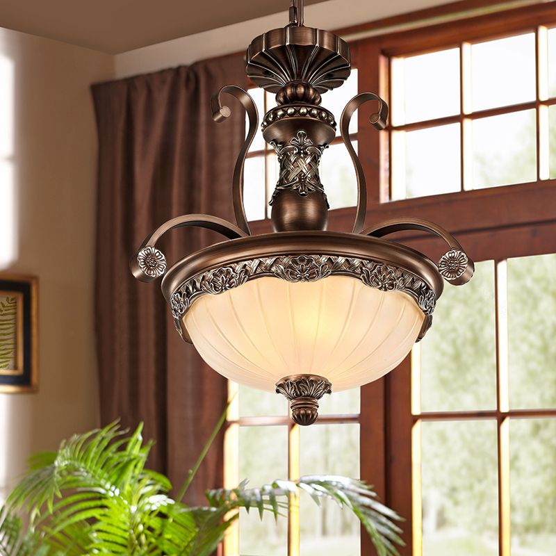 Rust Bowl Pendant Lighting Traditional Frosted Textured Glass 3 Light Bedroom Chandelier