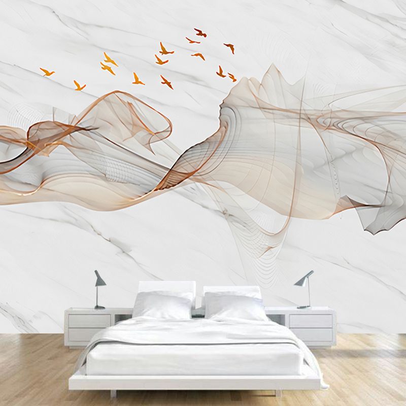 Illustration Style Mural Wallpaper Smoke and Bird Extra Large Dining Room Wall Art, Personalized Size Available