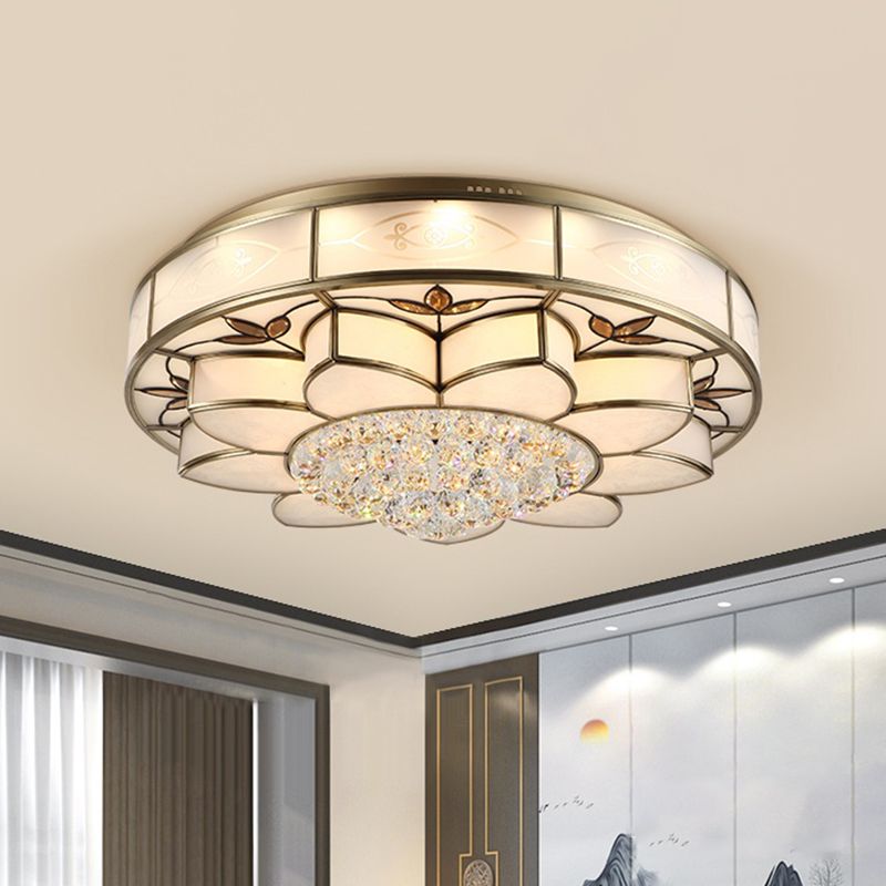 7-Light Flushmount Lighting Contemporary Blossom Frosted Glass Ceiling Flush Mount with Crystal Drop