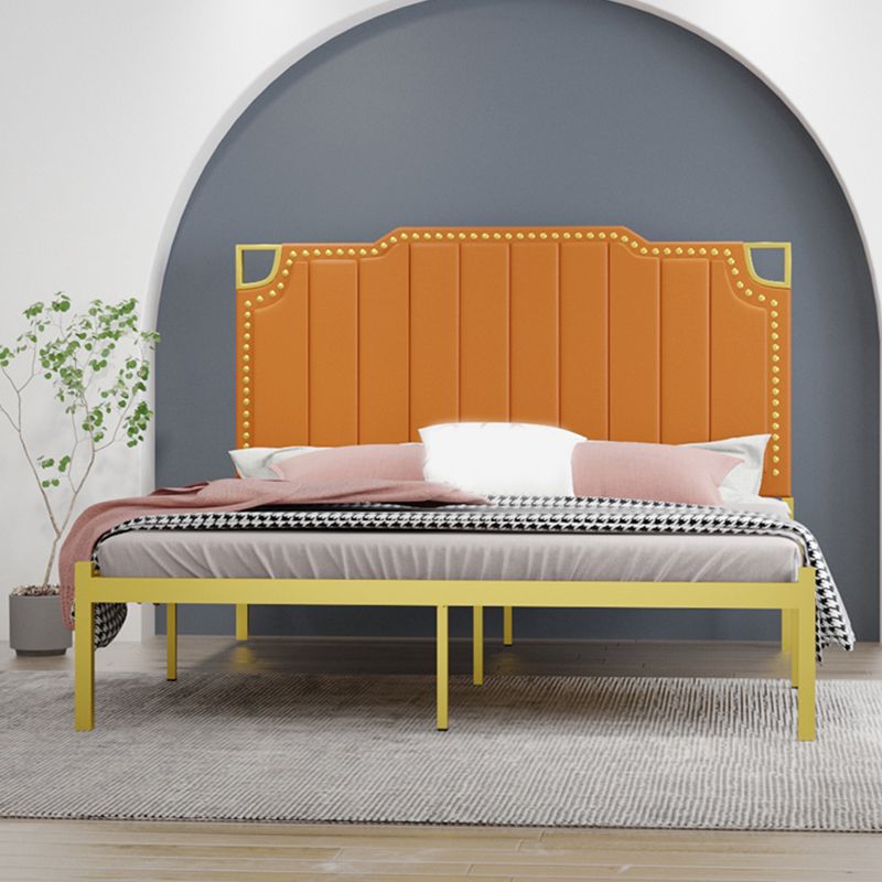 Iron Bed with Faux Leather Stepped Headboard and Nailhead Trim