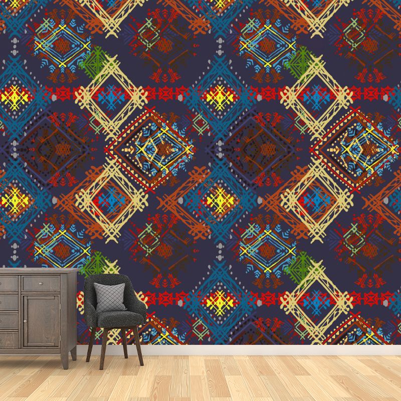Boho Check Seamless Pattern Mural Decal for Bedroom Personalized Wall Covering in Red-Yellow-Blue