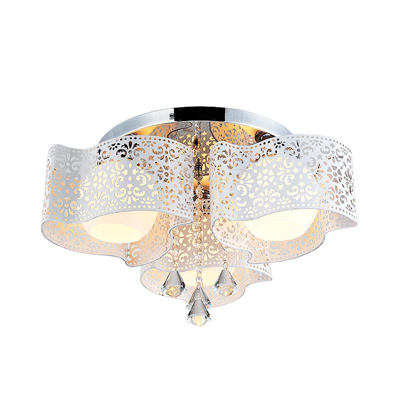 Plafonnier moderniste à fleurs gravées en cristal, 3/5 lumières, avec abat-jour boule en verre opale, rose/blanc