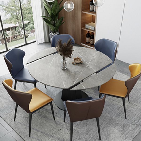 Contemporary Round Dining Table Drop-Leaf Sintered Stone Dining Table with Pedestal Base
