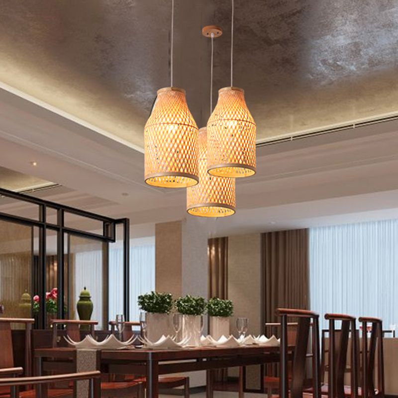 Beige Bottle Pendant Ceiling Light Modern 1 Light Bamboo Hanging Lamp Kit for Indoor