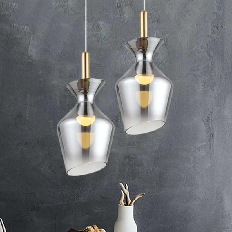 Minimalist LED Ceiling Light Brass Cup-Shape Suspension Pendant with Smoke Gray Glass Shade