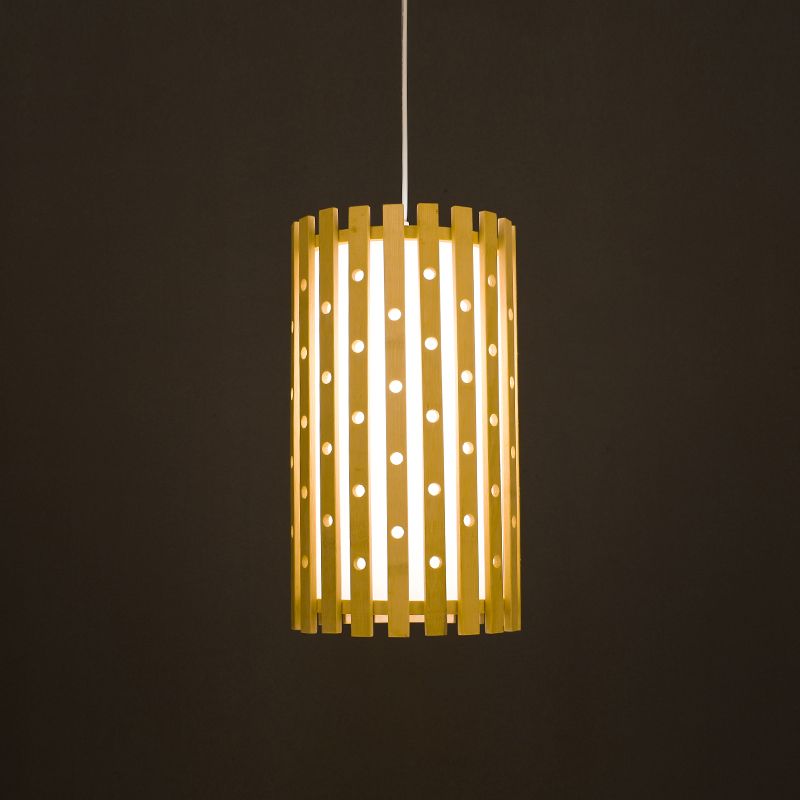 Iluminación colgante cilíndrica de madera japonesa 1 lámpara colgante de bombilla en beige