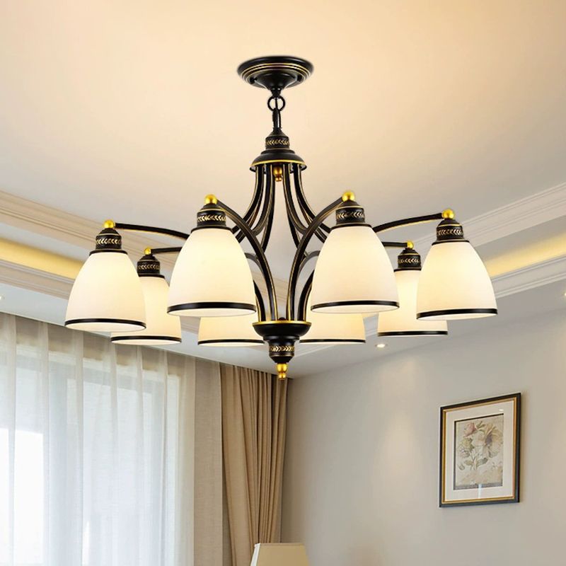 American Style Hanging Chandelier White Glass Shade Chandelier Light Fixture in Black