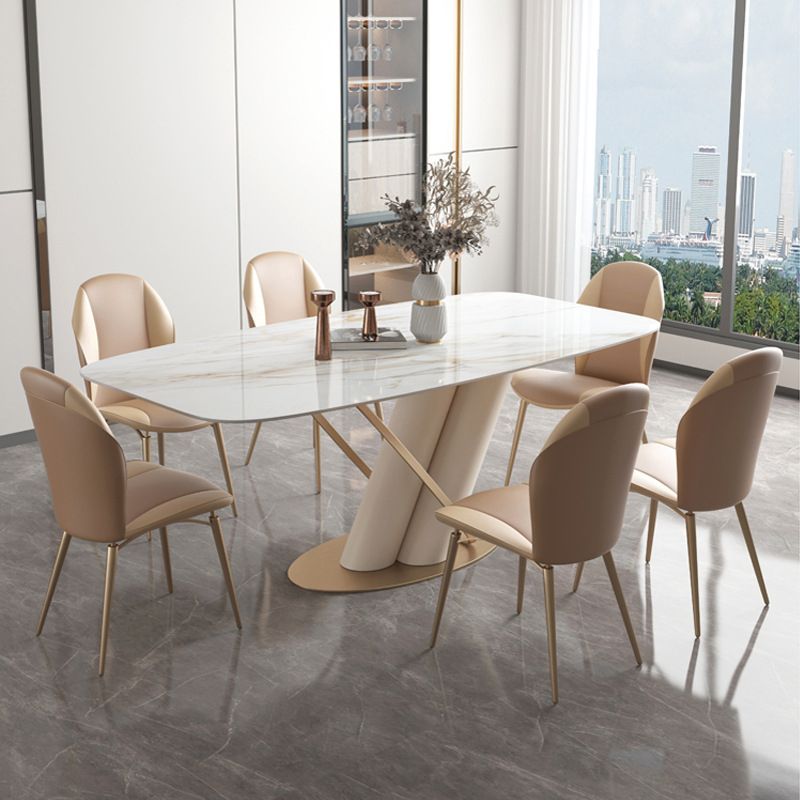 Minimalist Rectangle Dining Set for 4/6 with Glod Chairs Sintered Stone Dining Table with Metal Base