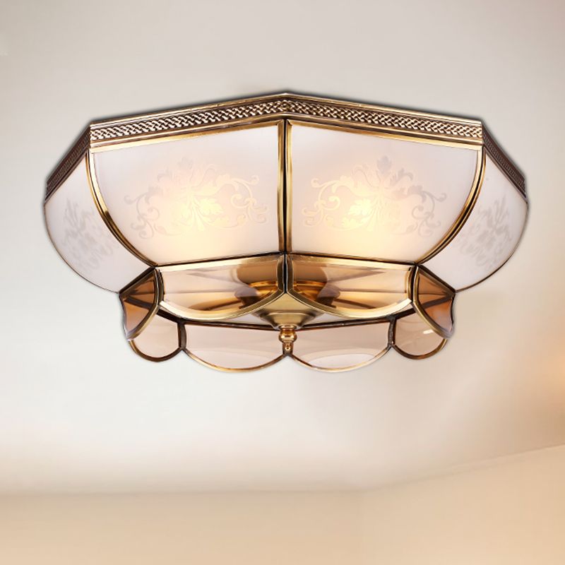 Colonialism Dome Ceiling Mounted Light 3/4 Bulbs 14"/18" W Frosted White Glass Flush Mount Chandelier in Brass for Bedroom