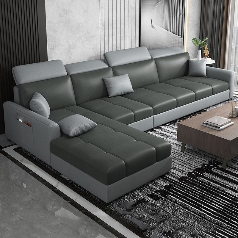 Modern L-Shape Sectional Recessed Arm Sofa and Chaise with Storage for Four People