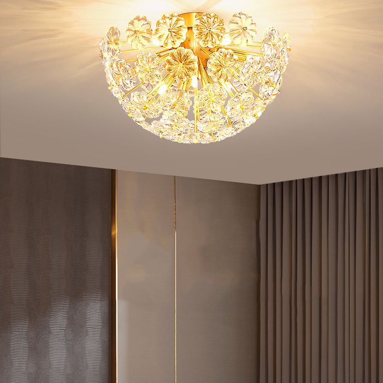 Brass Close to Ceiling Lamp Minimalist Crystal Shaded Ceiling Mounted Fixture
