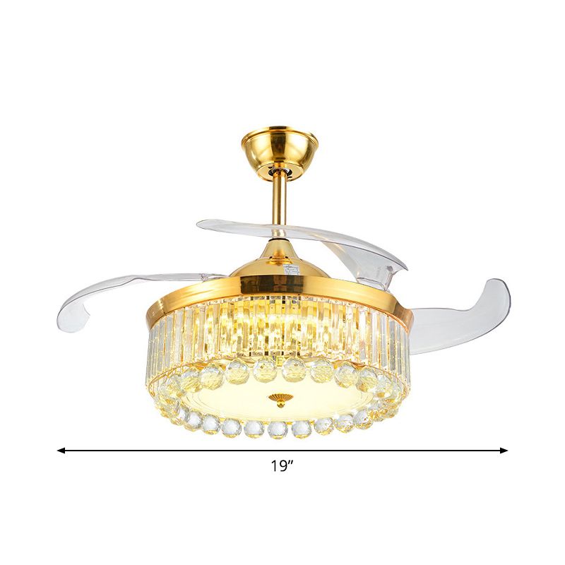 19 "breit facettierte Kristall -Trommel Deckenlüfter Leuchte LED GOLD SEMI -MOUNTBUCH mit 4 Klingen