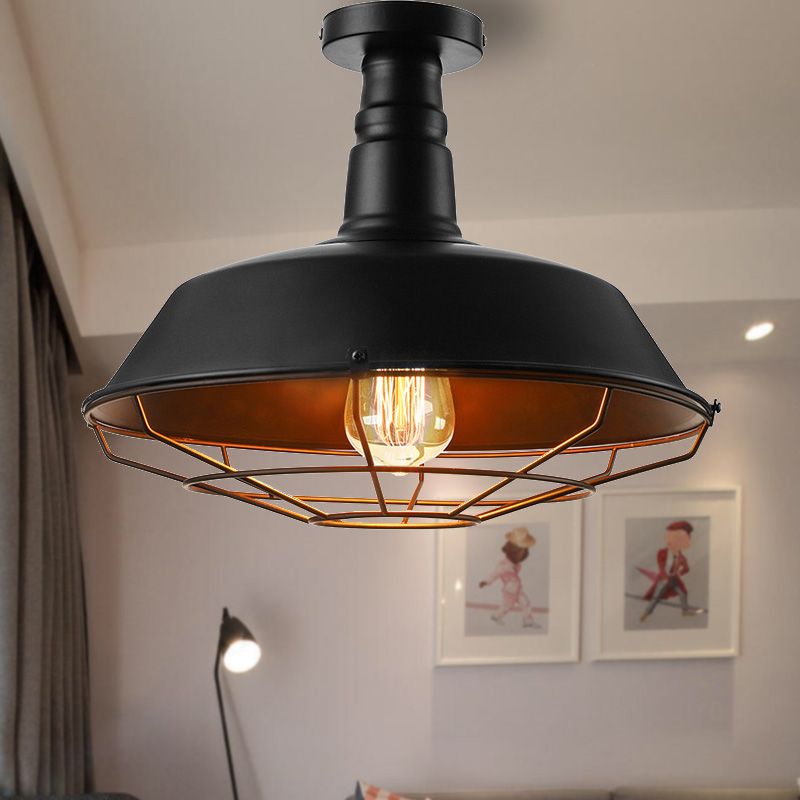 Plafonnier cage noire en métal de style vintage, éclairage d'intérieur semi-encastré à 1 tête avec abat-jour de grange, 10"/14"/18" W