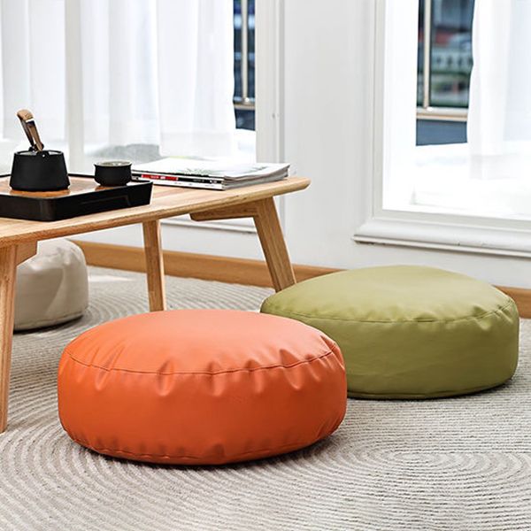 Modern Pouf Ottoman Faux Leather Upholstered Solid Color Round Ottoman