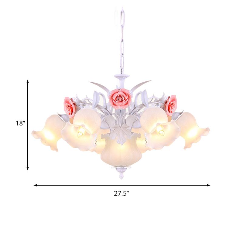 Pink 8 Bulbs Hanging Chandelier Romantic Pastoral White Glass Rose Suspension Pendant