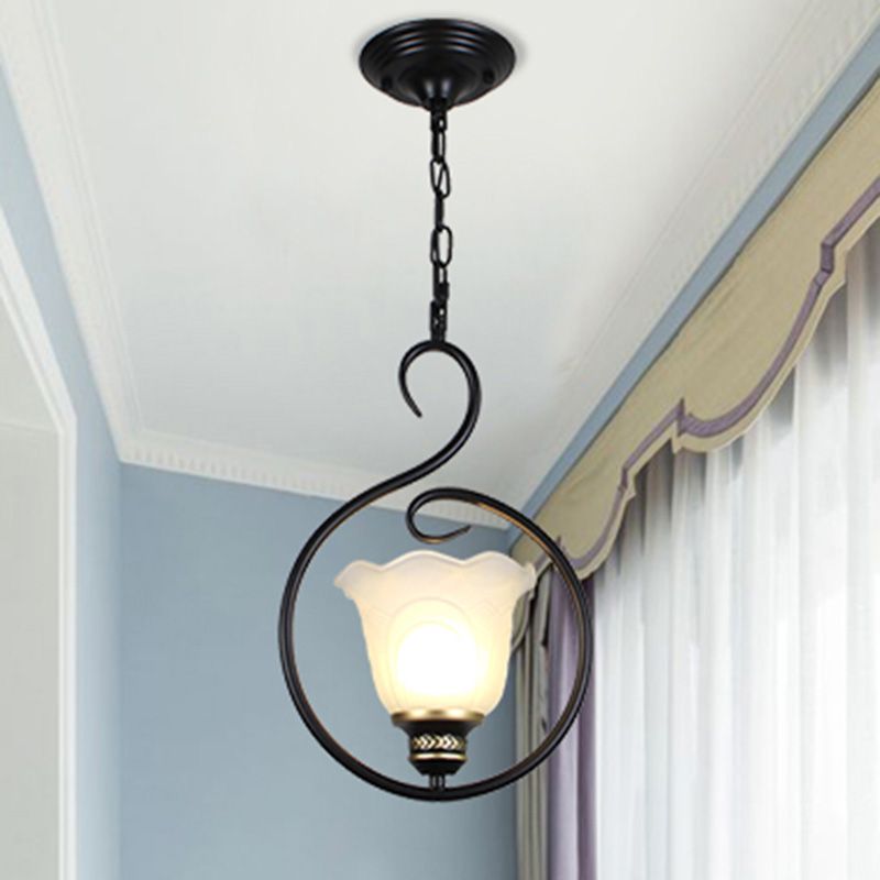 Black Bell Shade Ceiling Light Traditional Opal Glass 1 Head Dining Room Hooded Hanging Pendant Light