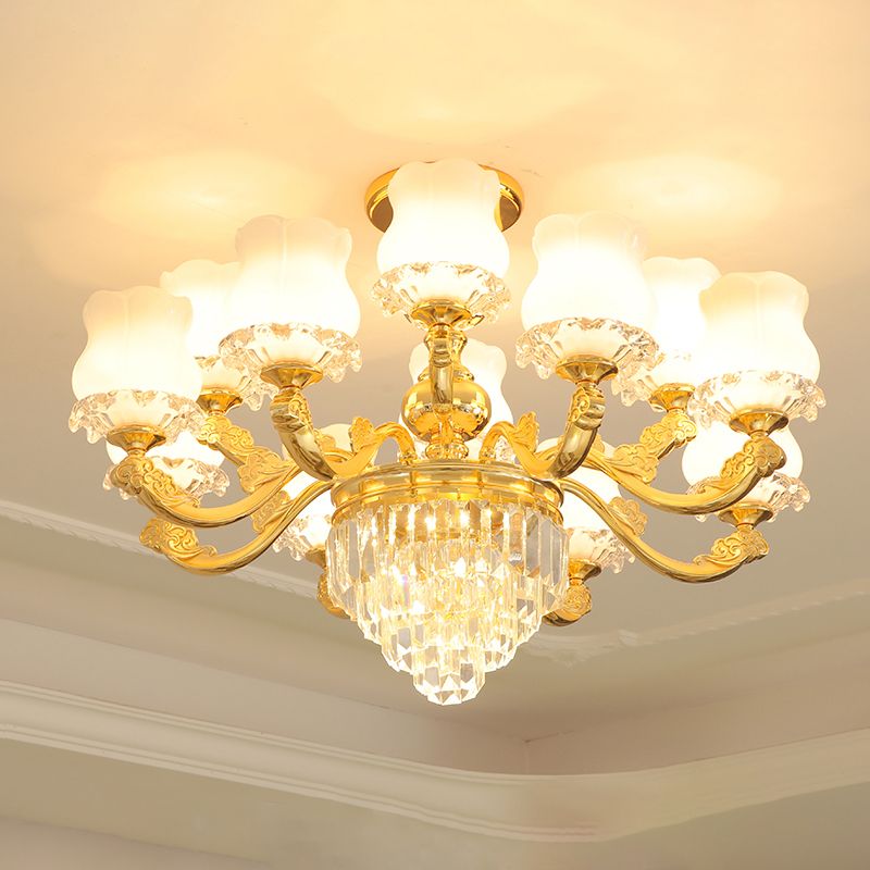 Retro Style Bud Suspension Light Cream Glass Chandelier Light with Layered Crystal Decor in Gold