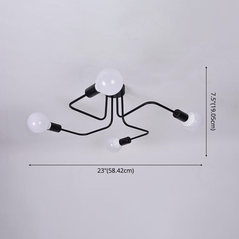 Industrial Vintage Radial Ceiling Fixture Wrought Iron Bare Bulb Semi Flush Mount for Living Room