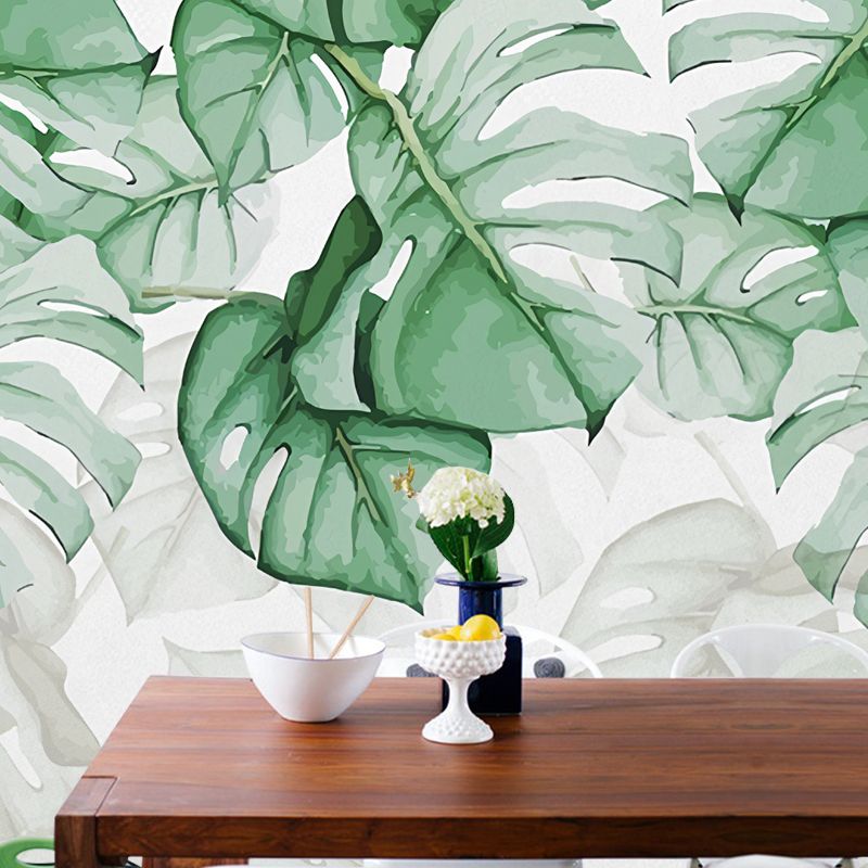 Contemporary Banana Leaves Wall Mural Green and White Wall Covering for Living Room, Customized Size Available